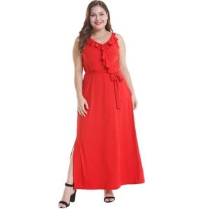 Red Ruffle Maxi Dress Belted Elastic Waist